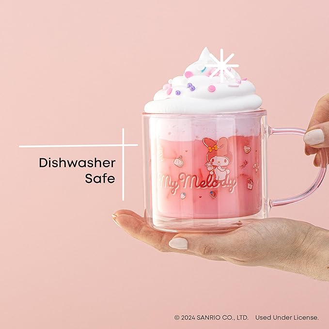 JoyJolt Hello Kitty Double Wall Insulated Coffee Mug ft My Melody, 13.5 oz Glass Cup, Cute Drinking Glassware ideal for Latte, Iced Coffee, or Tea, Kawaii Hello Kitty Merch, Sanrio Accessories