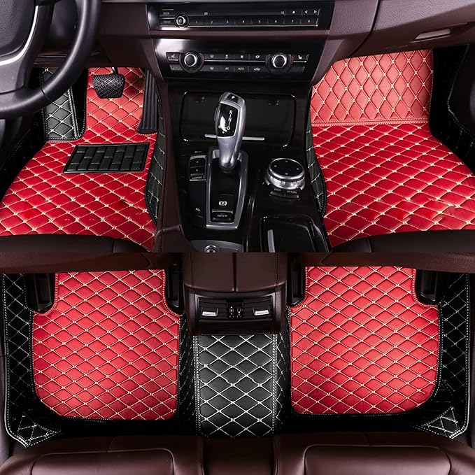 Custom Making Car Floor Mats for 90% Car Model Luxury Leather All Weather Waterproof Anti-Skid Full Coverage Liners (red and Black)