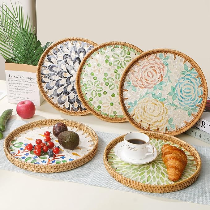 Round Rattan Tray with Mother of Pearl Inlay, Decorative Wicker Serving Tray with Wooden Base, Woven Basket Trays for Bread Fruits Coffee, Peony