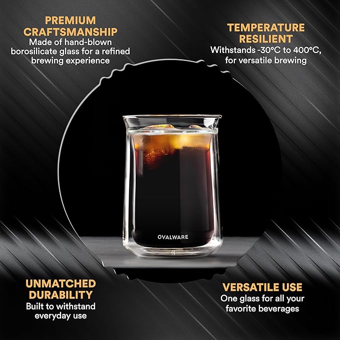 ovalware Double Wall Single Lip Insulated Glass Minimalistic Double Wall Drinkimg Mug with Airtight Cold Brew Iced Coffee Maker Pitcher RJ3 Brewing Glass Carafe with Removable stain