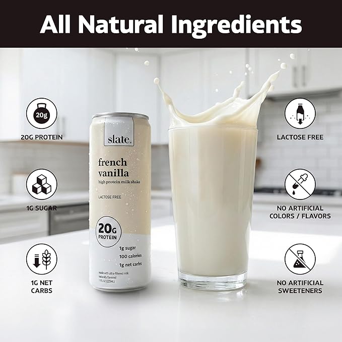 Slate Milk - High Protein Milk Shakes -Neapolitan Variety Pack -Classic Chocolate, Classic Strawberry, French Vanilla -Lactose Free, 20g Protein,1g Sugar,100 Calories,1-2g Net Carbs -11 fl oz,12 Cans