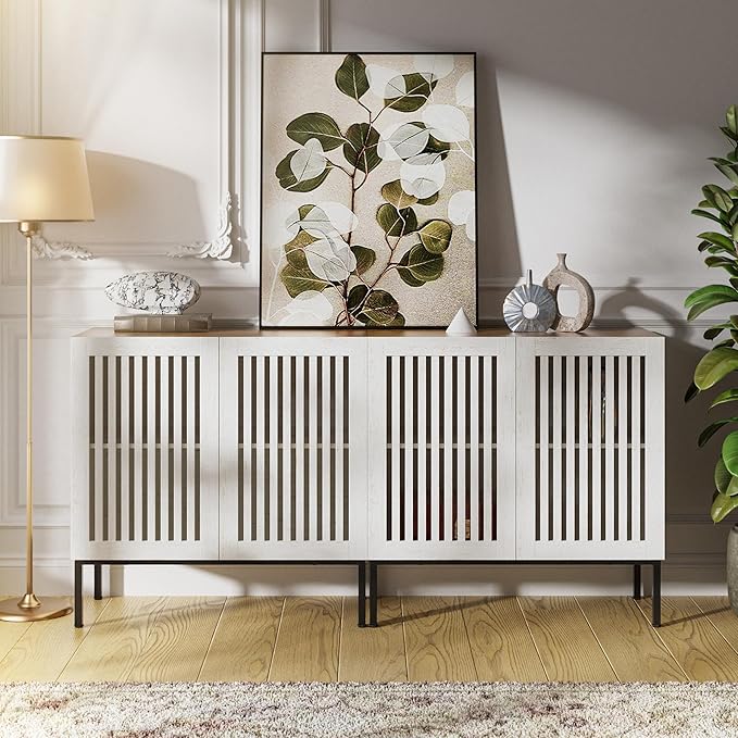 Set of 2 White Farmhouse Buffet Cabinet with Storage,Metal Base Console Table with Adjustable Shelves & 4 Doors, Antique White Sideboard for Kitchen, Dining Room, Living Room