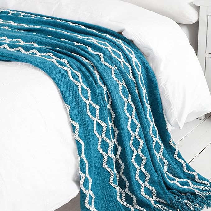 BOURINA Fluffy Chenille Knitted Fringe Throw Blanket Lightweight Soft Cozy for Bed Sofa Chair Throw Blankets Teal 60" x 80"