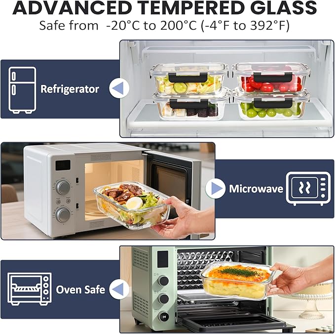 HOTEC 35OZ Glass Food Storage Container, Airtight Glass Lunch Fruit Containers with Lids - Microwave, Oven, Freezer and Dishwasher Safe, 2-PACK