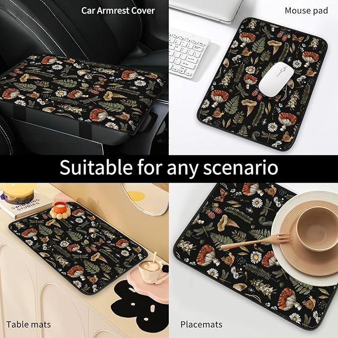 Car Center Console Cover, Universal Soft Large Neoprene Auto Armrest Seat Box Cover, Funny Car Decor Accessories Fit for Most Cars, Vehicles, SUVs Cute Boho Mushroom