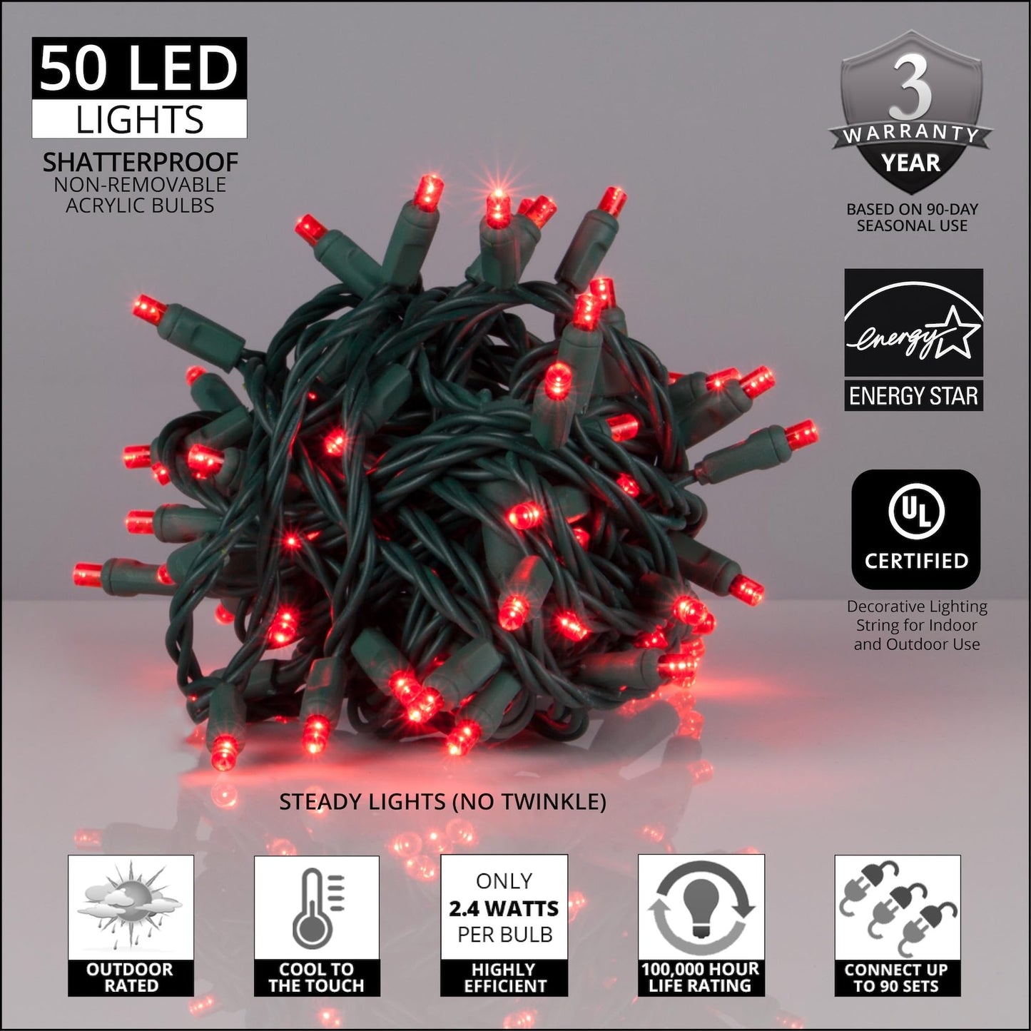 Wintergreen Lighting LED Mini String Lights, 50 Red Lights, 25 ft, 6in Spacing, Model IOS-2-50, Acrylic Material