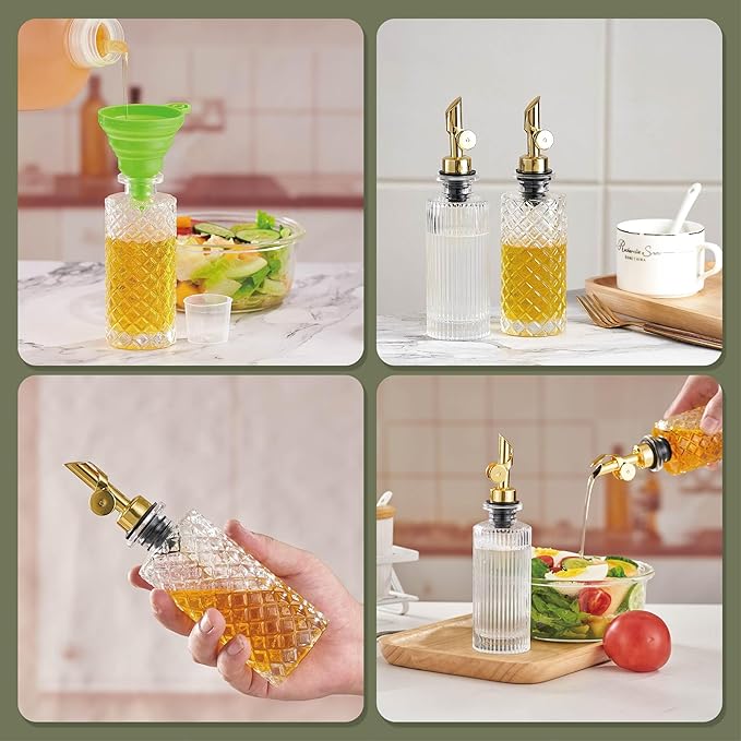 Glass Olive Oil Dispenser Bottle Small, 6.5 Oz/ 200 ml Coffee Simple Syrup Bottles with Black Metal Pour Spout, Funnel, Measuring Cup, Oil and Vinegar Bottle for Kitchen (2 Pack)