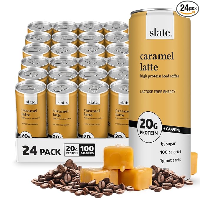Slate Milk - High Protein Iced Coffee - Caramel Latte - 175mg Caffeine, Lactose Free Energy - 20g Protein, 1g Sugar, 100 Calories, 1g Net Carbs, No Sugar Added - Protein Coffee - 11 fl oz, 24 Cans