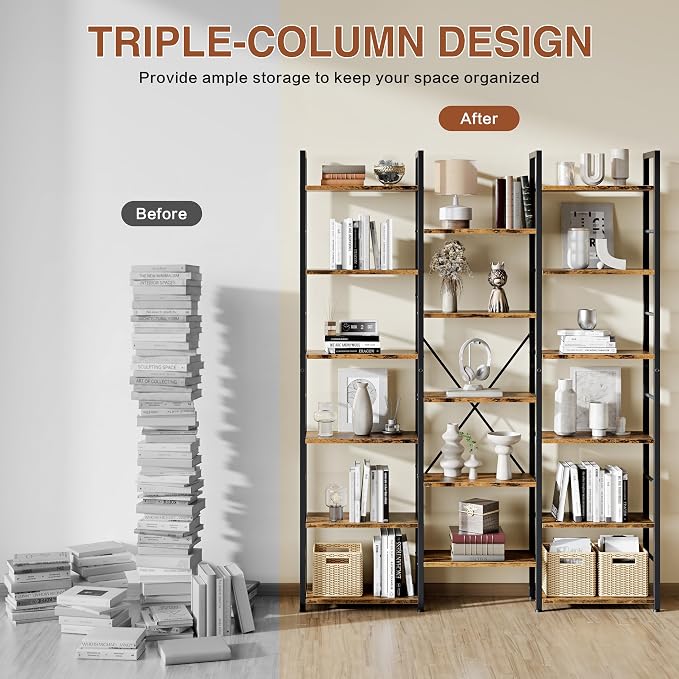 Shintenchi Triple Column 6 Tier Bookshelf, Industrial Large Bookcase Display Shelves, Large Etagere Bookshelf,Wide Book Shelf Book Case for Home & Office, Rustic Brown