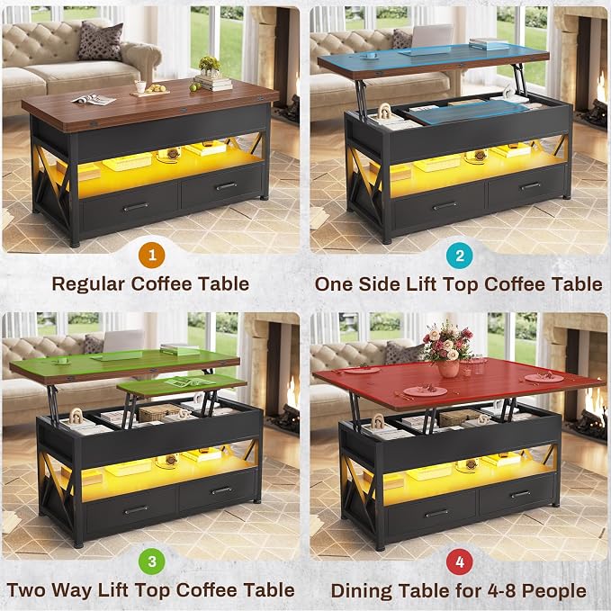 Itaar 40" Lift Top Coffee Table, 4 in 1 White Coffee Tables with Storage for Living Room, Small Coffee Table with 2 Drawers & LED Light for Dining Room, Black+Brown