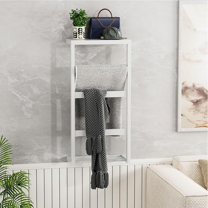 Bamboo Wall Blanket Ladder, 4-Tier Towel Racks, Bamboo Bath Towel Racks for Bathroom Wall Mounted, Decorative Blanket, Quilt, Towel, Scarf Ladder Shelves for Bathroom, Living Room, Bedroom，White