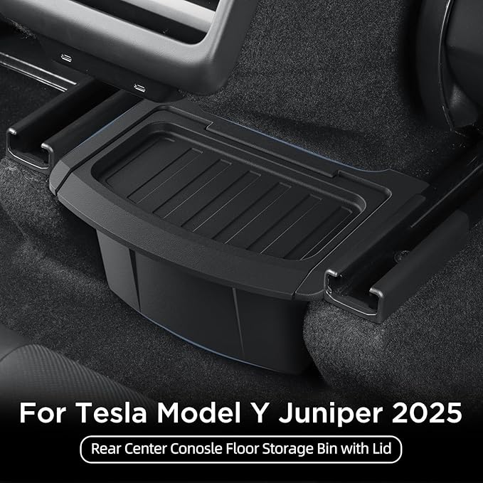 Rear Center Console Floor Storage Organizer Box for Tesla Model Y Juniper 2025 2026,Black TPE Car Accessory with Anti-Slip Lid,Backseat 2nd Row Seat Organizer Bin