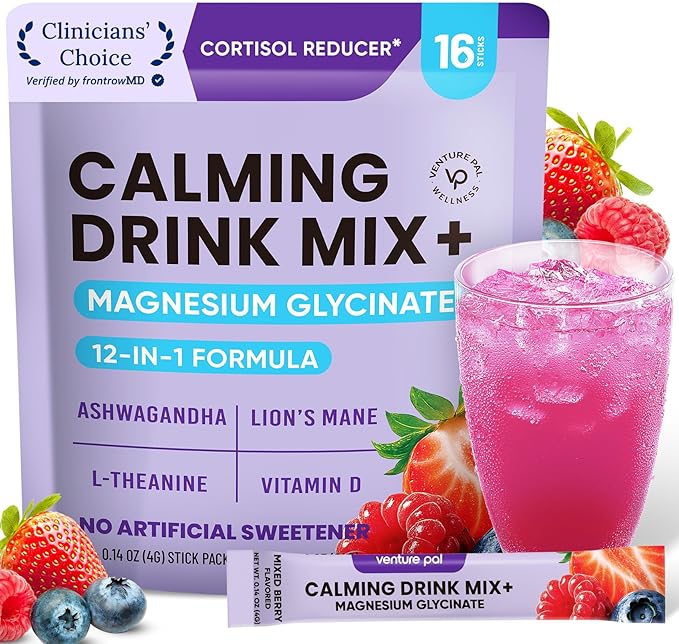 Venture Pal Calm Drink Mix, Cortisol Reducer and Sleep Aid with Magnesium Glycinate, Ashwagandha, L-Theanine,Vitamin D, Calm Magnesium Powder for Relax & Focus, No Sugar, Non GMO, Vegan & Gluten-Free