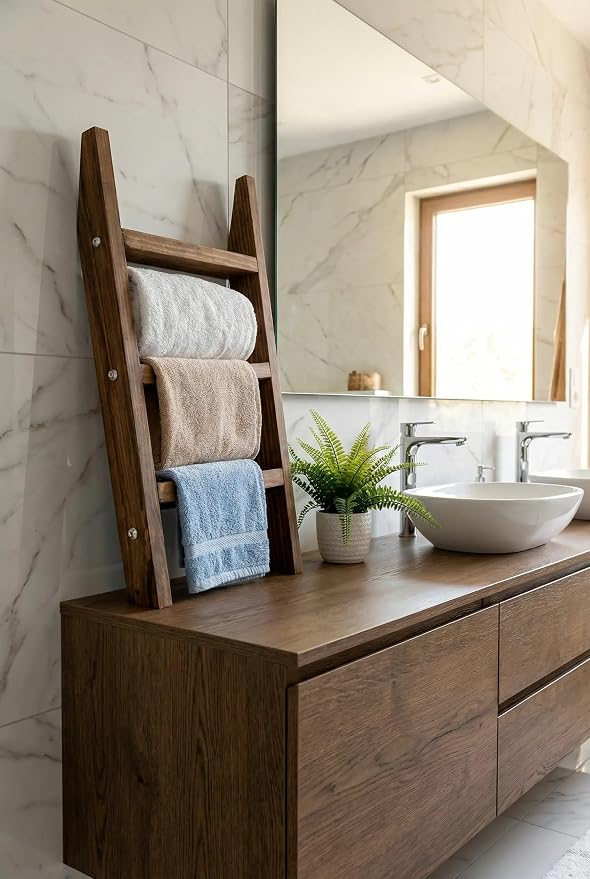 2 Pack Wooden Ladder Set, 1 pcs Blanket Ladder and 1 pcs Towel Ladder - Beech Wood 59'' inc 5 Tier and 5 Extra Hooks Blanket Ladder, Living Room and Bathroom Home Decor, Wall Decorative Shelves