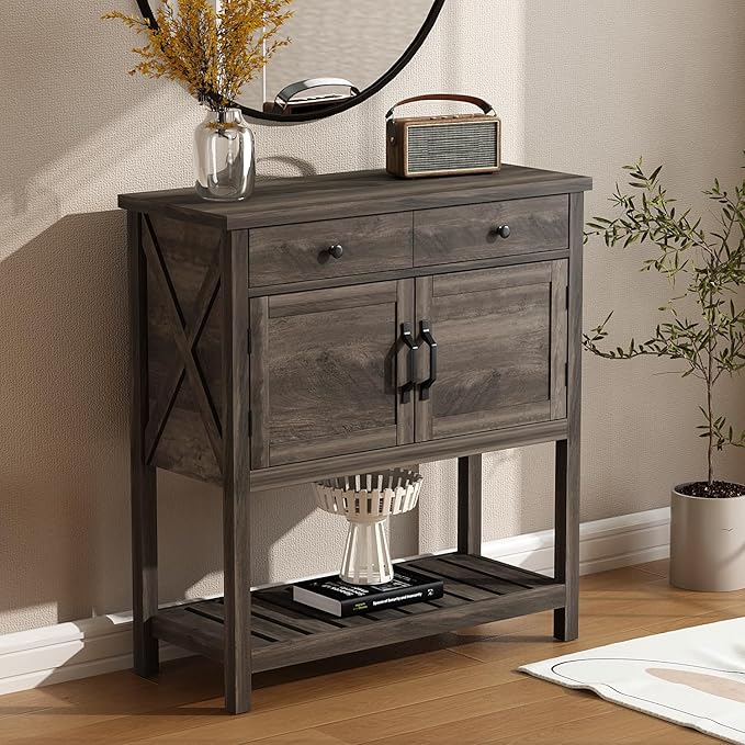 ChooChoo Farmhouse Console Table, Entryway Table with Storage Shelf, Coffee Bar Cabinet, Narrow Buffet Sideboard for Kitchen, Hallway, Living Room, Ash Gray