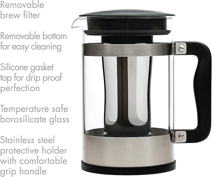 Primula Kedzie Deluxe Cold Brew Iced Coffee Maker Comfort Grip Handle, Durable Glass Carafe, Removable Mesh Filter, 6 Cup, Brushed Stainless Steel