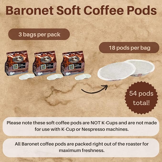Baronet Coffee Pods [100% Colombian - 54 Pods] Single Cup Use for Senseo Coffee Machine - 3 Bags of 18 Single Serve 8 Gram, Regular Strength, Medium Roast [100% Colombian]