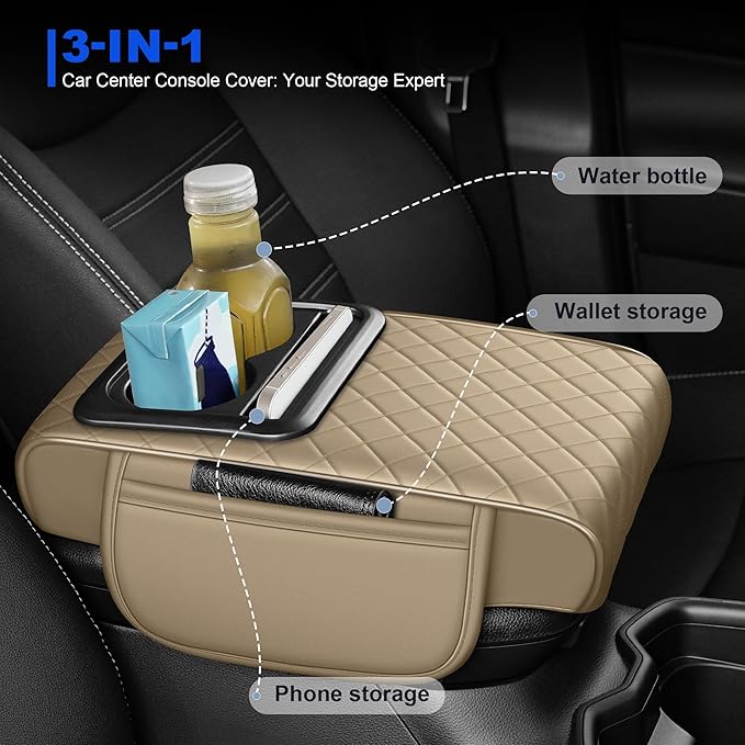 Center Console Cover Leather Armrest Cover Fit for Infiniti QX60 2022-2025 Middle Console Cushion with Storage Box&Cup Holder & Phone Slot(Beige)