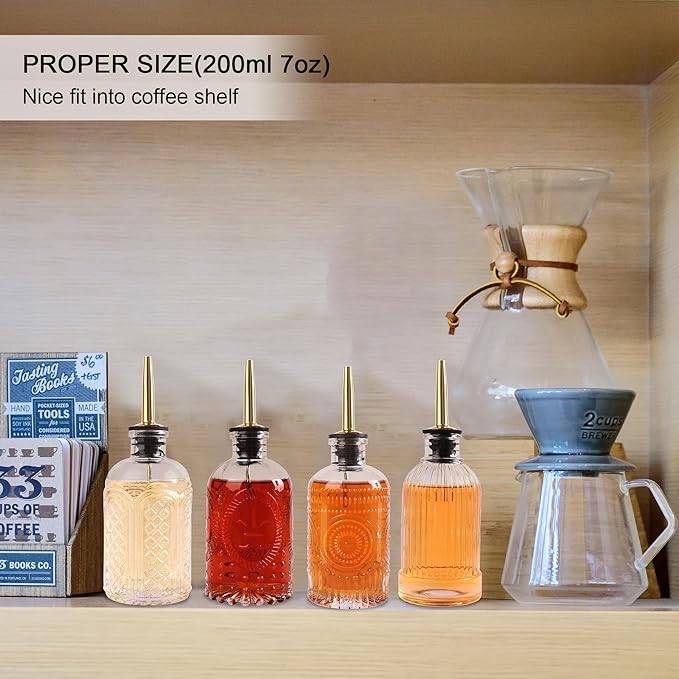 Glass Syrup Dispenser Set - 4 Pack 7oz Bottles with Metal Pour Spouts, Stoppers, Spoons for Coffee, Tea, Vanilla, Caramel, Honey