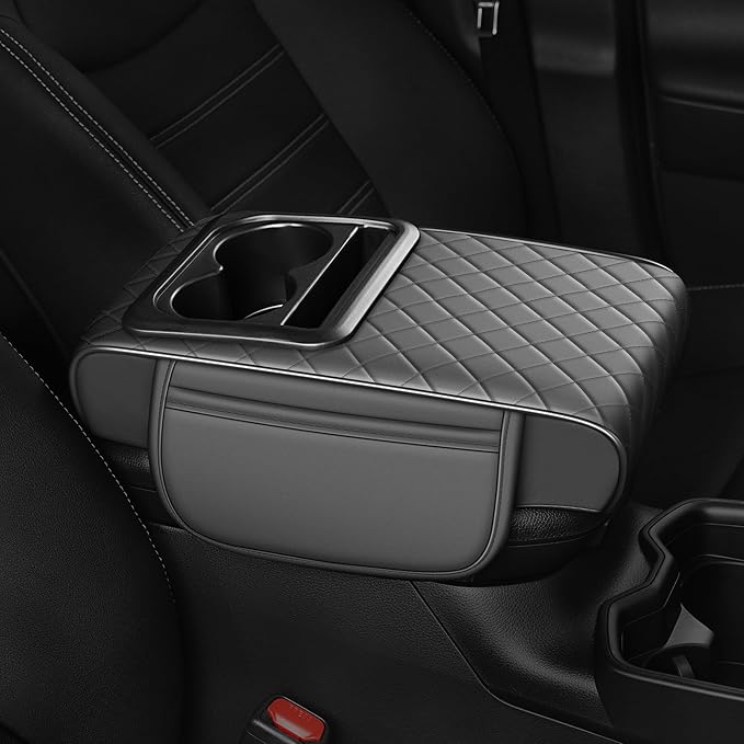 Center Console Cover for Canyon: Armrest Cover for Car with 2 Storage Bags - Waterproof Leather Center Console Cover with Cup Holder for Car,Anti-Scratch Auto Armrest Pad Accessory （Grey