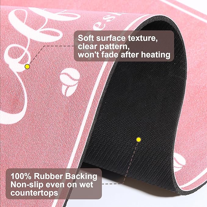 Absorbent Coffee Mat, Fashion Dish Drying Mat for Kitchen Counter Coffee Bar Accessories Espresso Machine Dish Rack 16" x 24" Pink