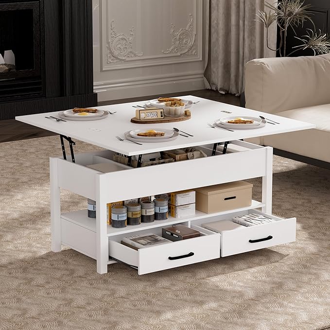 42'' Lift Top Coffee Table, 4-in-1 Multifunctional Lift Coffee Table with Storage & Hidden Compartments, Farmhouse Coffe Table with Lifting top for Living Room, Dining Reception Room, White