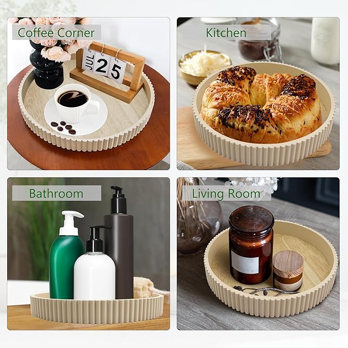 Round Decorative Tray for Coffee Table Decor, 11.8in Wood Decorative Serving Tray for Kitchen Counter,bandejas decorativas, Wooden Serving Tray for Party