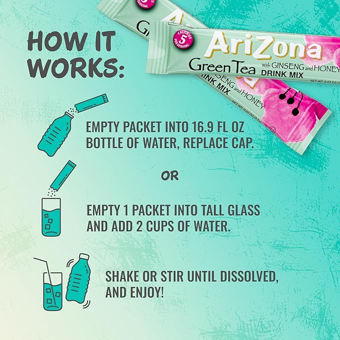 AriZona Green Tea with Ginseng and Honey - On-the-Go Powdered Drink Mix, 0.07oz - 10ct Boxes (Pack of 24)