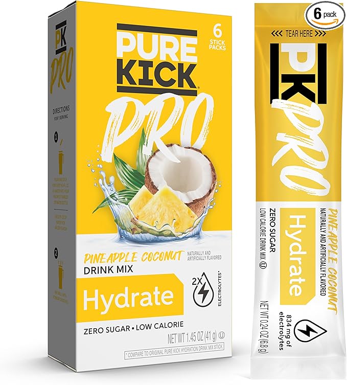 PURE KICK PRO Hydration Electrolyte Drink Mix, Pineapple Coconut, Includes 1 Box with 6 Packets in Each Box