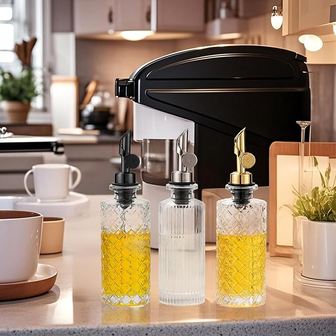 Glass Olive Oil Dispenser Bottle Small, 6.5 Oz/ 200 ml Coffee Simple Syrup Bottles with Silver Metal Pour Spout, Funnel, Measuring Cup, Oil and Vinegar Bottle for Kitchen (2 Pack)
