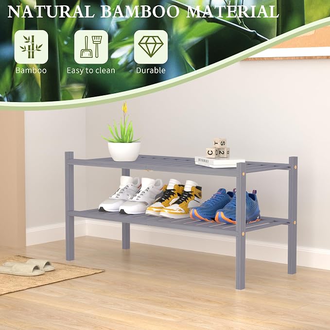 ROMGUAR CRAFT 2 Tier Bamboo Shoe Rack for Closet Free Standing Wood Shoe Shelf for Entryway Small Space Stackable 27"x11"x13" (Grey)
