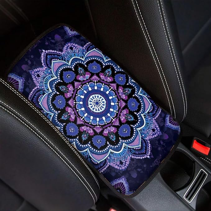 Neoprene Armrest Cushion Cover for Car Boho Mandala Flower Print Armrest Box Cover Center Console Pad for Truck Sedan SUV, Universal Fit