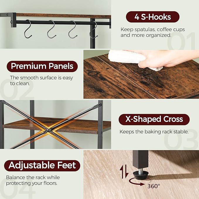 Bakers Rack with Drawer, Microwave Stand with Power Outlet, Coffee Bar Station with 4 Hooks, Kitchen Storage Shelf Rack 4 Tiers, for Kitchen, Dining Room, Rustic Brown and Black BRHR48E01