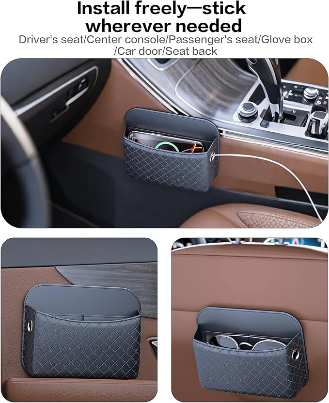 Self-Adhesive Car Seat Side Pocket Organizer with Cable Port - Black PU Leather Storage Pouch for Phone & Keys, Fits Gaps, Console & Door （Glossy Black）