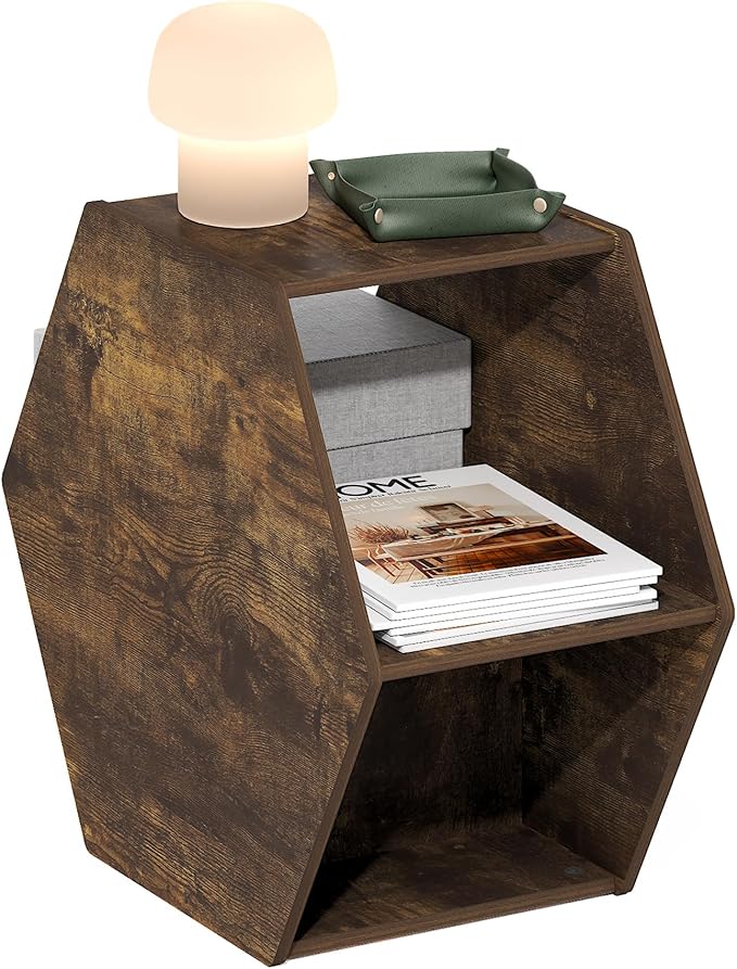 Furinno Simple Design Coffee Table, Hexagon Modern Center Table with Open Shelf, Vertical or Horizontal Side Table, for Living Room, Bedroom, Home Office, Amber Pine
