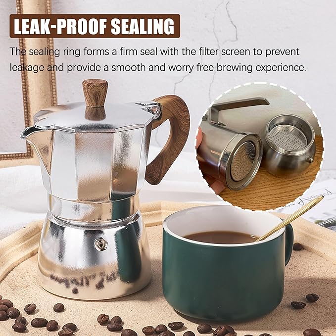 Espresso Maker Filter Basket,moka pot 6 cup Replacement Funnel,moka pot filter For Mocha Coffee Maker Pot with 1pcs Filter and 1pcs Silicone Gasket Seals