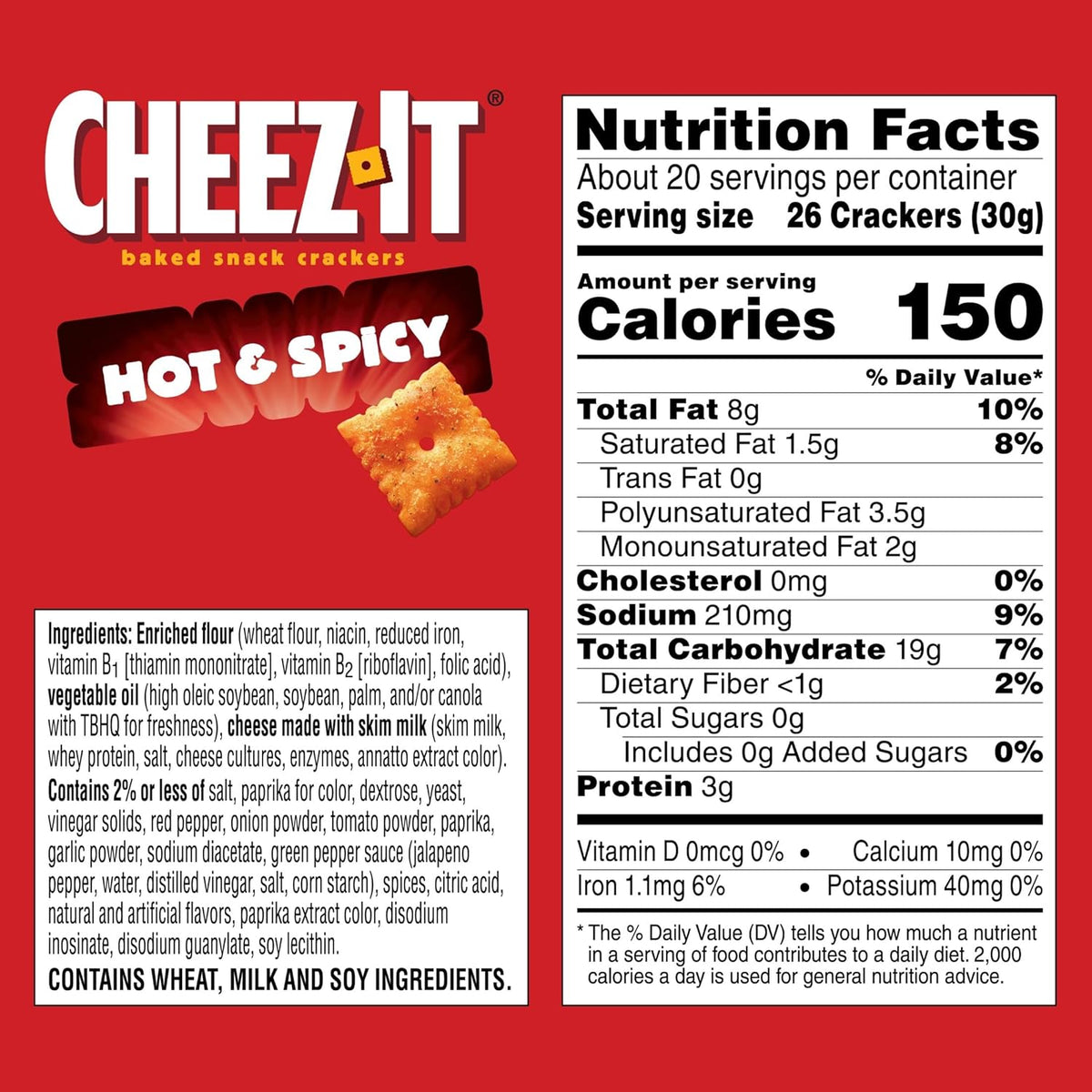 Cheez-It Baked Snack Crackers, Lunch Snacks, Family Size, Hot and Spicy, 21oz Box (1 Box)