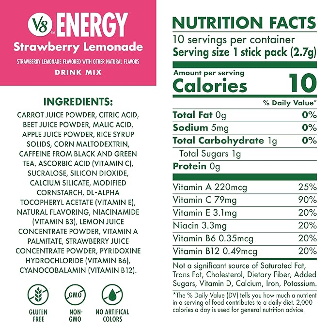 V8 Energy Strawberry Lemonade Energy Drink Powder, .10 oz Packet (10 Count)