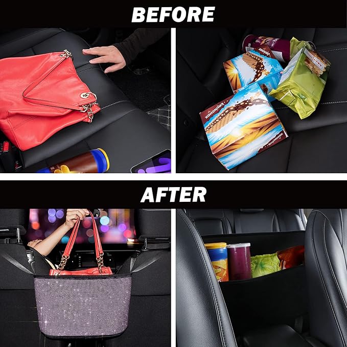 eing Car Organizers and Handbag Holder Car Seat Net with Shiny Diamonds for Women, Car Barrier for Dogs and Kids, Pink Car Organizer