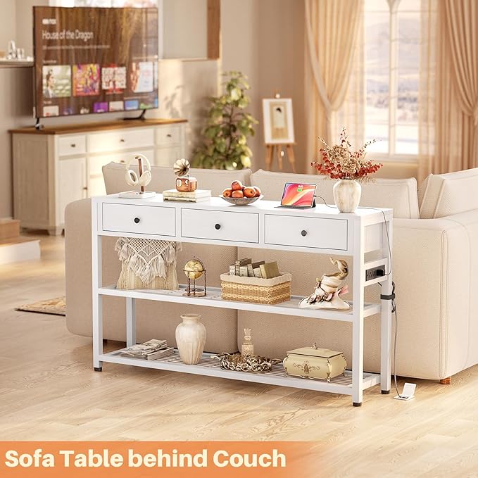 Ecoprsio 47'' Entryway Table with Outlets and USB Ports, Console Table with 3 Drawers, Sofa Table Narrow Long with Storage Shelves for Living Room, Couch, Hallway, Foyer, Kitchen Counter, White