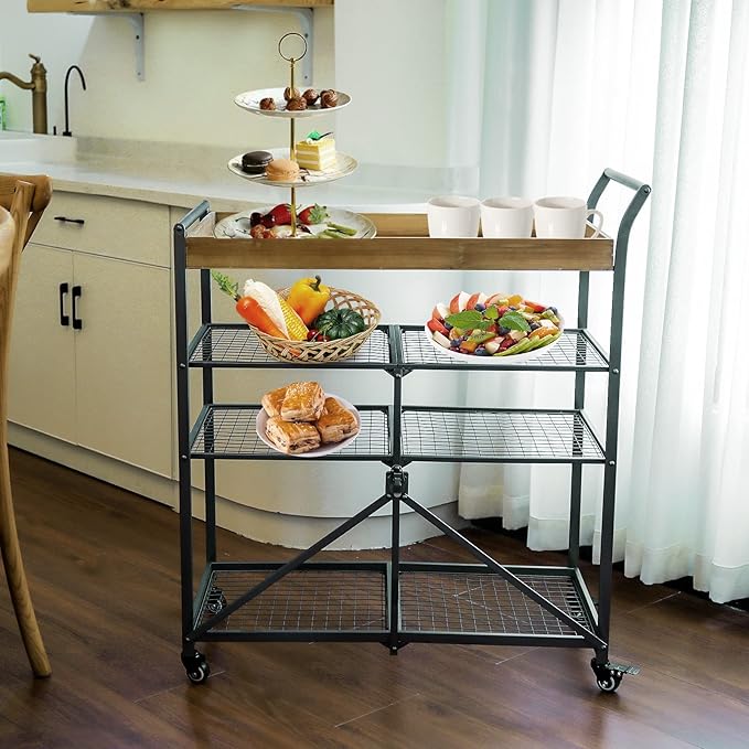Vipush Kitchen Serving Cart, 4-Tier Kitchen Utility Cart on Wheels with Storage for Living Room, Wood Look Accent Furniture with Metal