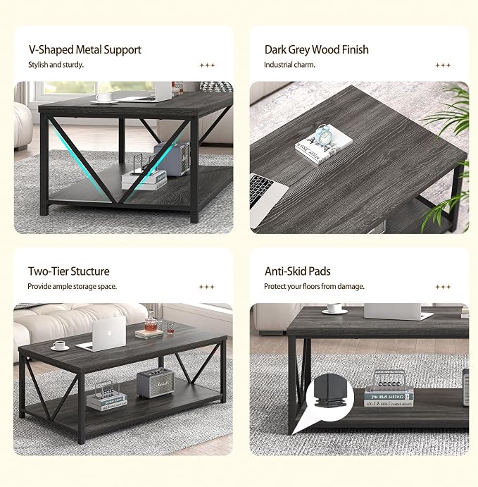 FOLUBAN Coffee Table with Storage, Modern Small Center Tables for Small Spaces, Rustic Wood and Metal Cocktail Table for Living Room, 39.3 Inch Dark Gray