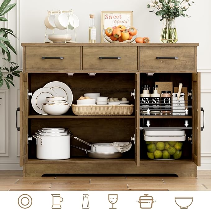 HOSTACK Modern Farmhouse Buffet Sideboard Cabinet, Barn Doors Storage Cabinet with Drawers and Shelves, Wood Coffee Bar Station for Dining Room, Kitchen, Living Room, Rustic Brown