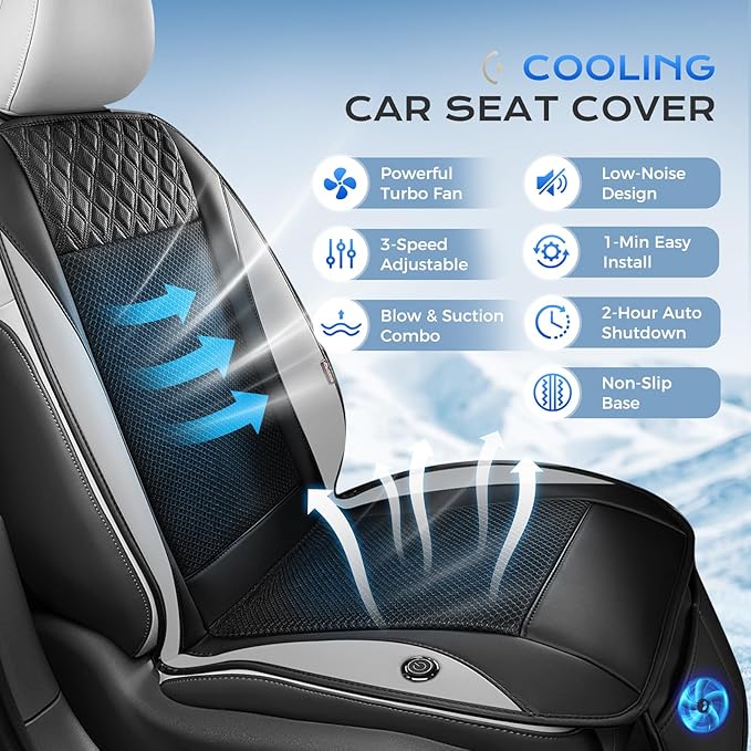 Coverado Cooling Car Seat Cover with High-Velocity Turbo Fan, Powerful Blowing & Suction Pad, 12V-24V Ventilated Cushion, 3-Speed Adjustable Airflow, Universal Fit for Car SUV Truck Van（Gray）