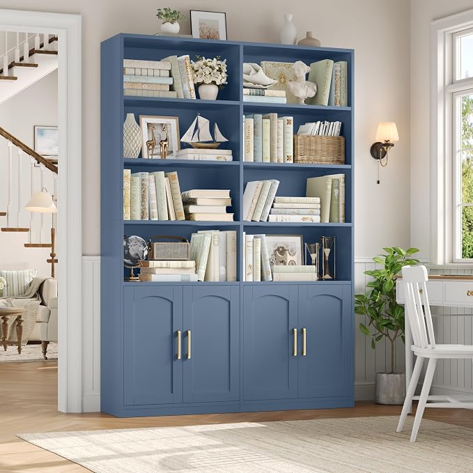 FACBOTALL Bookshelf and Bookcase with Doors, 6 Tier Double Wide Large Bookshelves, Open Display Shelves, 73'' Tall Bookshelf with Storage Cabinets for Home Office, Living Room, Library, Blue