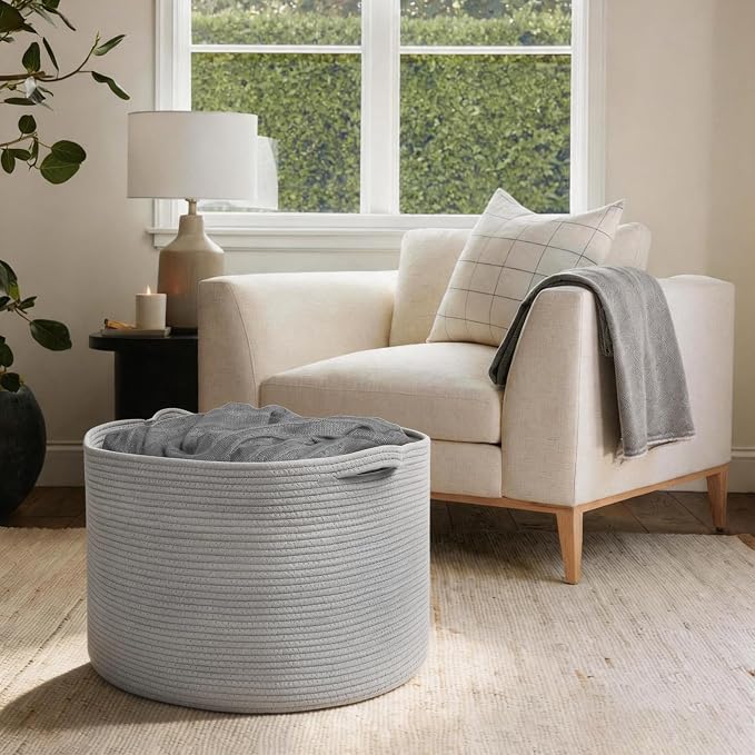MEGASKET 115L Super Large Gray Blanket Basket, 23.6"x15.7" Woven Cotton Rope Storage Basket for Laundry, Towel, Pillow, Oversized Kids Dog Toy Storage Bin, Grey XXXL Blanket Holder for Living Room