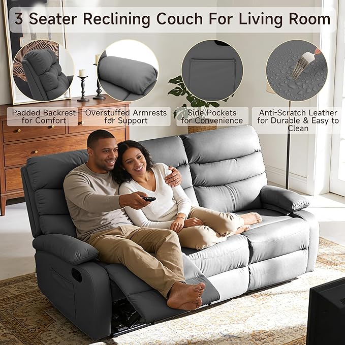 3 Seater Recliner Sofa Set, Anti-Scratch Reclining Loveseat Sofa & Couch for Living Room, RV, Home Theater Apartment(Grey, 3 Seater Sofa)