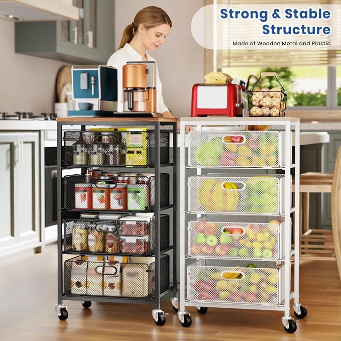 Goovilla Kitchen Cart with Drawers, 4 Tier Metal Rolling Utility Cart Organizer on Lockable Wheels with Wooden Top, Black Fruit Vegetable Storage Rack Also for Cans, Snack, Craft, Art, Office, Beauty