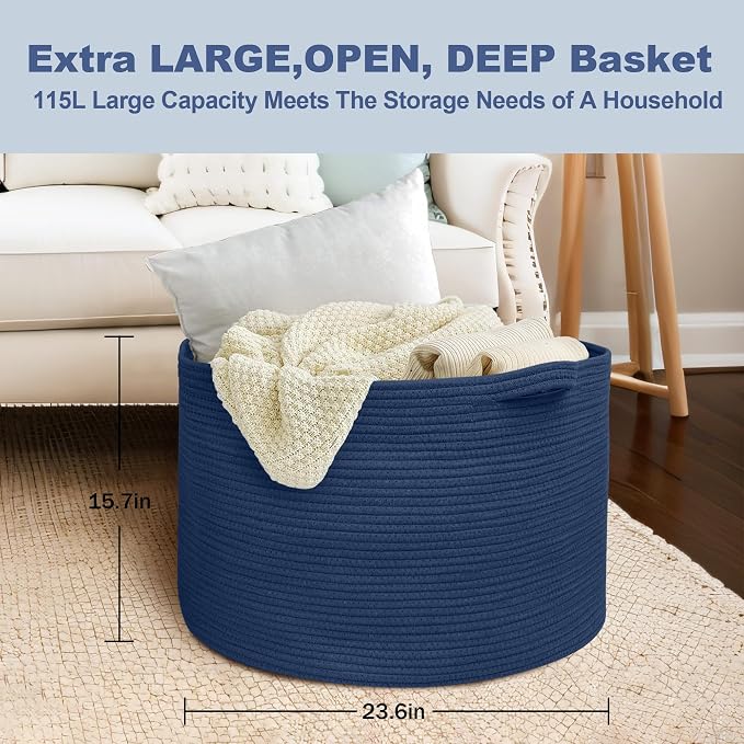 MEGASKET 115L Dark Blue Basket for Organizing, 23.6" x 15.7" XXXL Woven Cotton Rope Laundry Basket, Oversized Blanket Storage for Living Room Bedroom, Kids Toy Box Organizer, Pool Towel Storage Bin