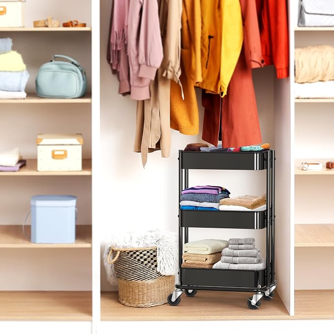 Simple Houseware 3-Tier Compact Utility Rolling Cart, Low 24” Height Fits Under Desk, Space-Saving Storage for Home Office, Dining Room, or Kitchen, Black